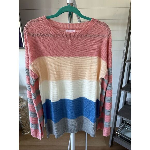 Pink Lily Sweaters - Pink Lily lightweight color block spring color crewneck sweater Womens small Pea